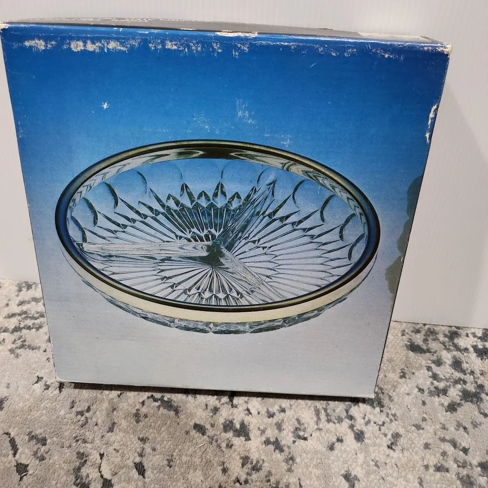 Leonard Silver Italy Crystal 3 Section Relish Dish Silverplated Rim Vintage 8130